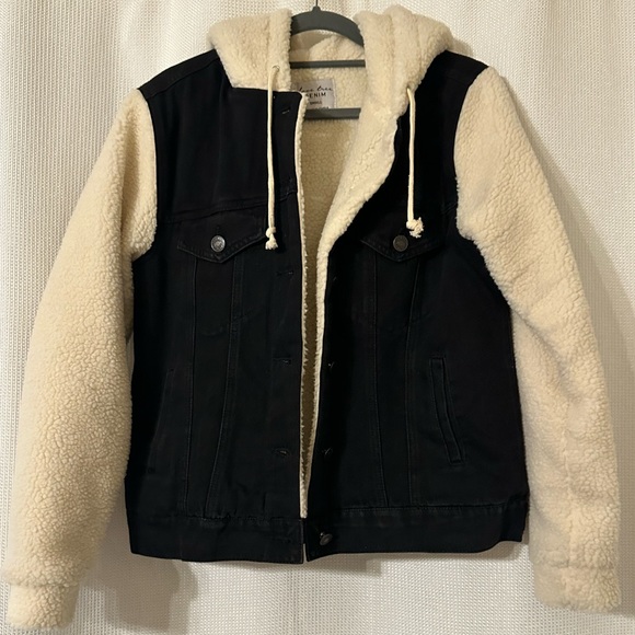 Love Tree Jackets & Coats Love Tree Black Denim Faux Wool Hooded